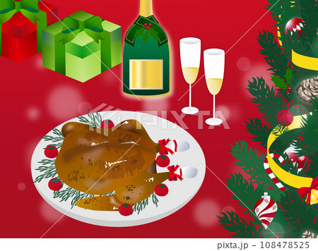 丸ごとターキーとクリスマスシャンパン、ツリーのイラスト 108478525