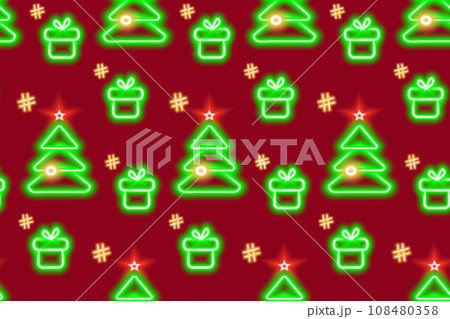 Seamless pattern of neon glowing Christmas tree and gift box with hashtags in trendy Xmas shades 108480358