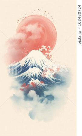 赤い雲と日の出の和風のフレーム 108480724