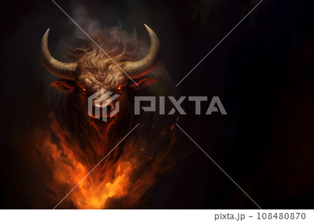 Image of an angry bull head with a burning fire on black background. Wildlife Animals. 108480870