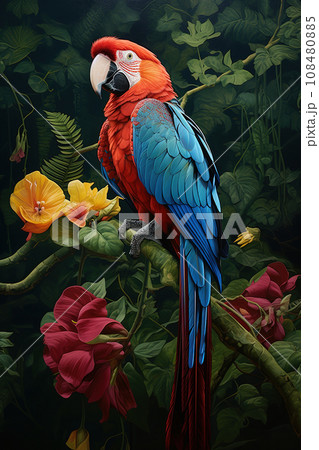 Image of a macaw parrot and beautiful flowers in the forest, Bird, Wildlife Animals. Image of a macaw parrot and beautiful flowers in the forest, Bird, Wildlife Animals. 108480885