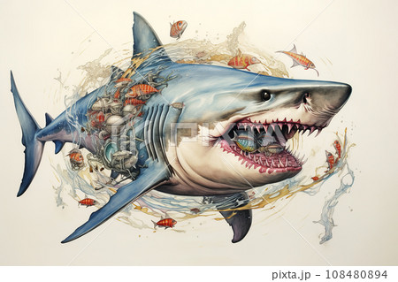 Fantasy of An angry big shark opens its mouth wide with sharp teeth. Undersea animals. Fish. Fantasy of An angry big shark opens its mouth wide with sharp teeth. Undersea animals. Fish. 108480894