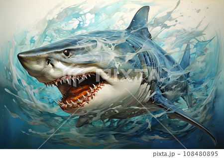 An angry big shark opens its mouth wide with sharp teeth. Undersea animals. Fish. 108480895