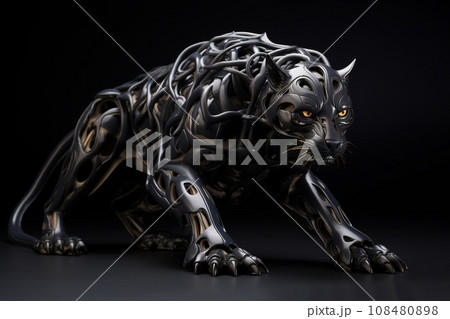 Image of black panther made of metal on a clean background., Wildlife Animals, Arts, Sculpture,. Image of black panther made of metal on a clean background., Wildlife Animals, Arts, Sculpture,. 108480898