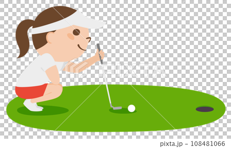 Illustration of golf putting. A woman looking at the distance to the cup. 108481066
