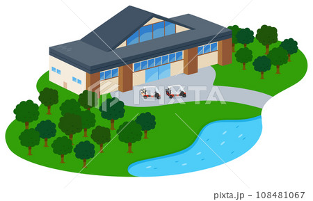 クラブハウスからゴルフコースへ続く風景のイラスト。 クラブハウスからゴルフコースへ続く風景のイラスト。 108481067