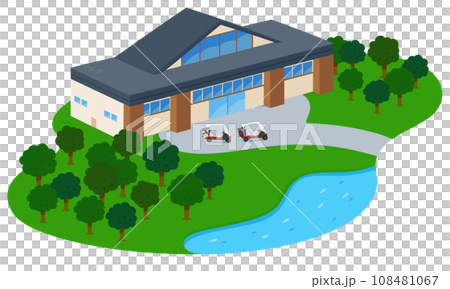 クラブハウスからゴルフコースへ続く風景のイラスト。 クラブハウスからゴルフコースへ続く風景のイラスト。 108481067