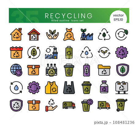 Set of recycling icons. Filled outline style icon bundle. Vector Illustration Set of recycling icons. Filled outline style icon bundle. Vector Illustration 108481236