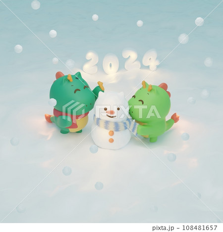 辰年年賀素材　角とマフラーを雪だるまにあげる竜たち 108481657