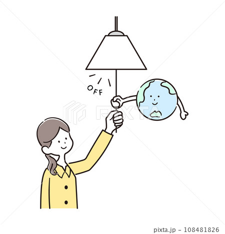 照明を消す女性と地球のキャラクターのイラスト素材 108481826