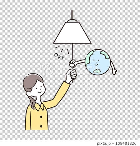 照明を消す女性と地球のキャラクターのイラスト素材 108481826