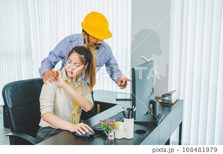 Boss or supervisor touching female employee's shoulder Causing young employees to resist because they are uncomfortable and afraid of being sexually abused. Concept of sexual harassment in the Boss or supervisor touching female employee's shoulder Causing young employees to resist because they are uncomfortable and afraid of being sexually abused. Concept of sexual harassment in the 108481979
