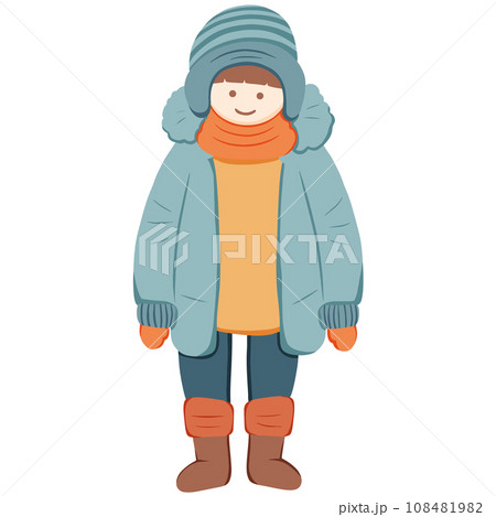 The vector illustration depicts young children and teenagers wearing warm clothing during winter 108481982