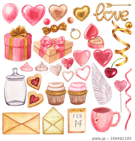 Pink set All about valentine's day: text Balloon-Love, hearts, gift, ring, beads. Hand drawn watercolor illustration isolated on white background. For printing postcards, stickers Pink set All about valentine's day: text Balloon-Love, hearts, gift, ring, beads. Hand drawn watercolor illustration isolated on white background. For printing postcards, stickers 108482185