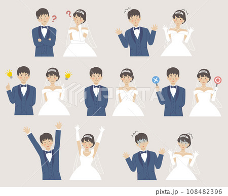 結婚式イラスト、上半身の新郎新婦、表情バリエーションセット 結婚式イラスト、上半身の新郎新婦、表情バリエーションセット 108482396
