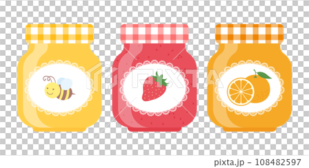 瓶に入ったはちみつ、いちごジャム、マーマレードのイラストセット 108482597