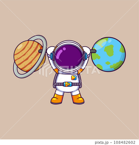 Cute Astronaut Lifting planet And Earth Barbell Cartoon character of illustration 108482602