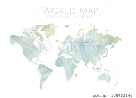 水彩画タッチの世界地図イラスト、滲みが綺麗な手描きの世界地図 108483149