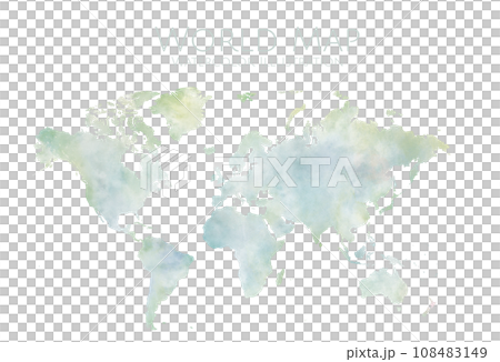 水彩画タッチの世界地図イラスト、滲みが綺麗な手描きの世界地図 108483149