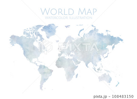 水彩画タッチの世界地図イラスト、滲みが綺麗な手描きの世界地図 108483150
