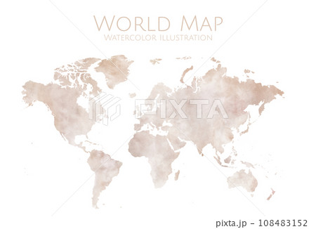 水彩画タッチの世界地図イラスト、滲みが綺麗な手描きの世界地図 108483152