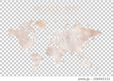水彩画タッチの世界地図イラスト、滲みが綺麗な手描きの世界地図 108483152