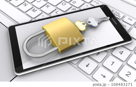 ノートパソコンとスマートフォンと南京錠、コンピューター機器のセキュリティイメージ ノートパソコンとスマートフォンと南京錠、コンピューター機器のセキュリティイメージ 108483271
