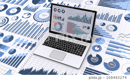 ビジネスデータを表示するノートPCと様々なグラフやチャート、ビジネスデータを分析・検討するイメージ 108483274