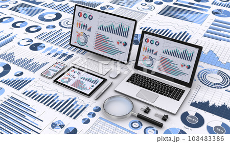ビジネスデータを表示するPCと様々なグラフやチャート、ビジネスデータを分析・検討するイメージ 108483386