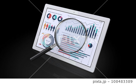 ビジネスデータを表示するタブレット端末を虫眼鏡で調べる、データ分析イメージ 108483389