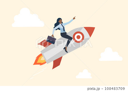 The concept of a leader, manager, and businesswoman is being discussed by many people, African American business woman riding rocket and leader pointing direction business,successful strategies search 108483709
