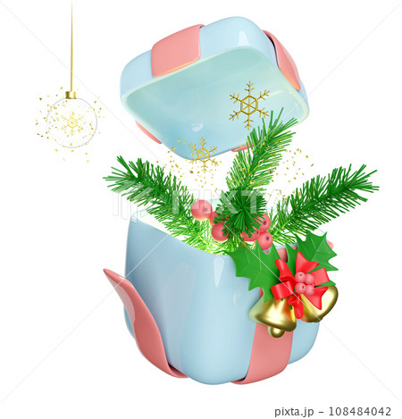 open gift box with glass transparent ball decorative, pine leaves, snowflake, Jingle bell. merry christmas and happy new year, 3d render illustration 108484042
