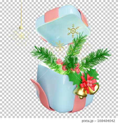 open gift box with glass transparent ball decorative, pine leaves, snowflake, Jingle bell. merry christmas and happy new year, 3d render illustration 108484042