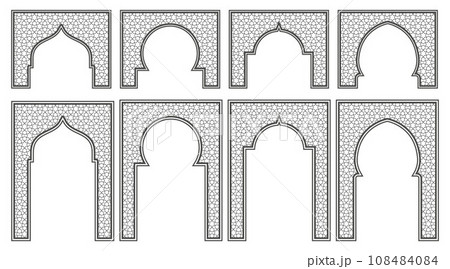 Islamic frame with arch and ornament. Ramadan gate on geometric background for wedding invitation design. Vector oriental decorations set. Islamic frame with arch and ornament. Ramadan gate on geometric background for wedding invitation design. Vector oriental decorations set. 108484084