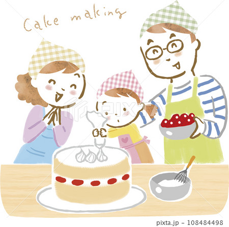 家族3人でケーキ作りをしているイラスト 108484498