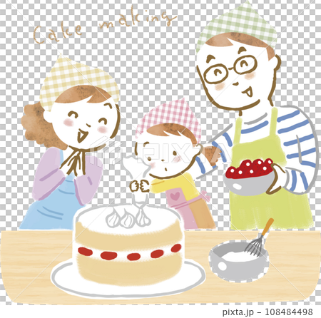 家族3人でケーキ作りをしているイラスト 108484498