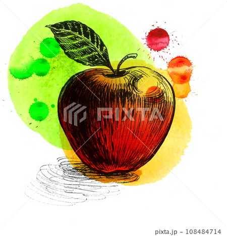 Apple fruit on colorful background. Hand-drawn ink and watercolor sketch Apple fruit on colorful background. Hand-drawn ink and watercolor sketch 108484714