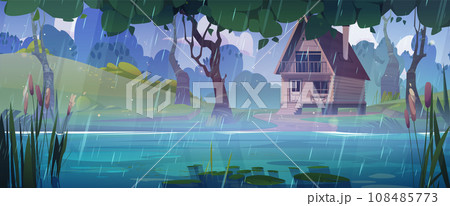 Forest landscape with wooden hut in rain. 108485773