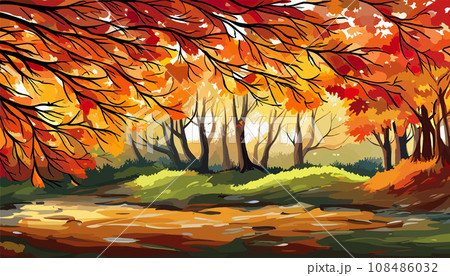 banner Autumn Landscape Forest Blue Cloud Sky on the background of hills and mountains yellow trees, vector illustration 108486032