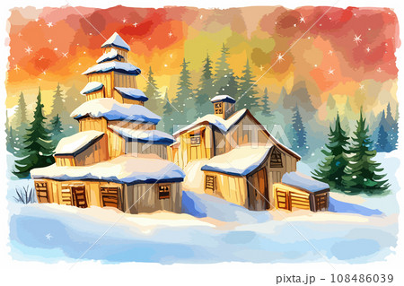 Watercolor house in winter forest. Christmas vector illustration with fir trees with gifts and snow.  108486039