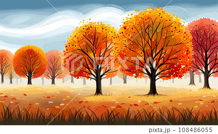 banner Autumn Landscape Forest Blue Cloud Sky on the background of hills and mountains yellow trees, vector illustration 108486055