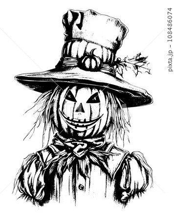 Cartoon scary scarecrow made of pumpkin on white background, sketch vector Cartoon scary scarecrow made of pumpkin on white background, sketch vector 108486074