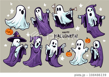 Set of cute halloween ghosts, sketch of ghost on colored background. Collection Set of cute halloween ghosts, sketch of ghost on colored background. Collection 108486139