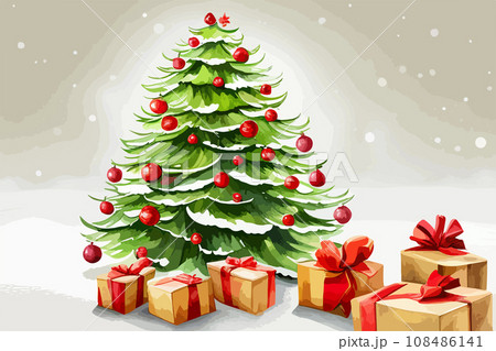 Christmas tree decorated by golden star and colorful baubles and gifts with snow covered rural landscape on background at winter day. 108486141
