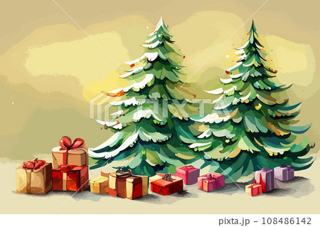 Christmas tree decorated by golden star and colorful baubles and gifts with snow covered rural landscape on background at winter day. 108486142