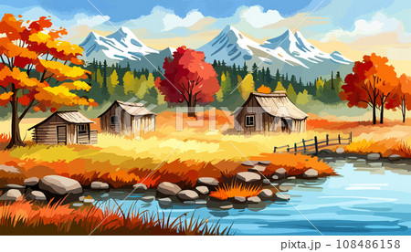banner forest A river in the mountains with a mountain in the background autumn landscape with yellow trees vector illustration 108486158
