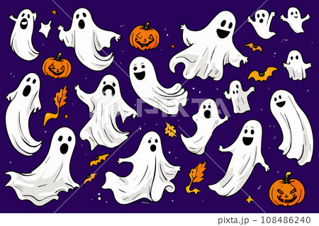 Halloween set funny ghosts with pumpkins on color background, vector Halloween set funny ghosts with pumpkins on color background, vector 108486240