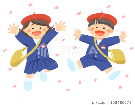 ジャンプする笑顔の制服を着た子どものイラスト（帽子あり） 108486273