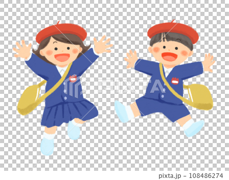 ジャンプする笑顔の制服を着た子どものイラスト（帽子あり） 108486274