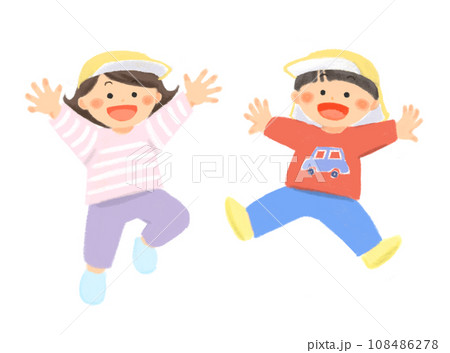 ジャンプする笑顔の子どものイラスト（帽子あり） 108486278